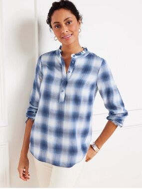 TALBOTS RUFFLE TRIM POPOVER  LIGHTWEIGHT BLOUSE BUTTONS AT FRONT ULTRA SOFT